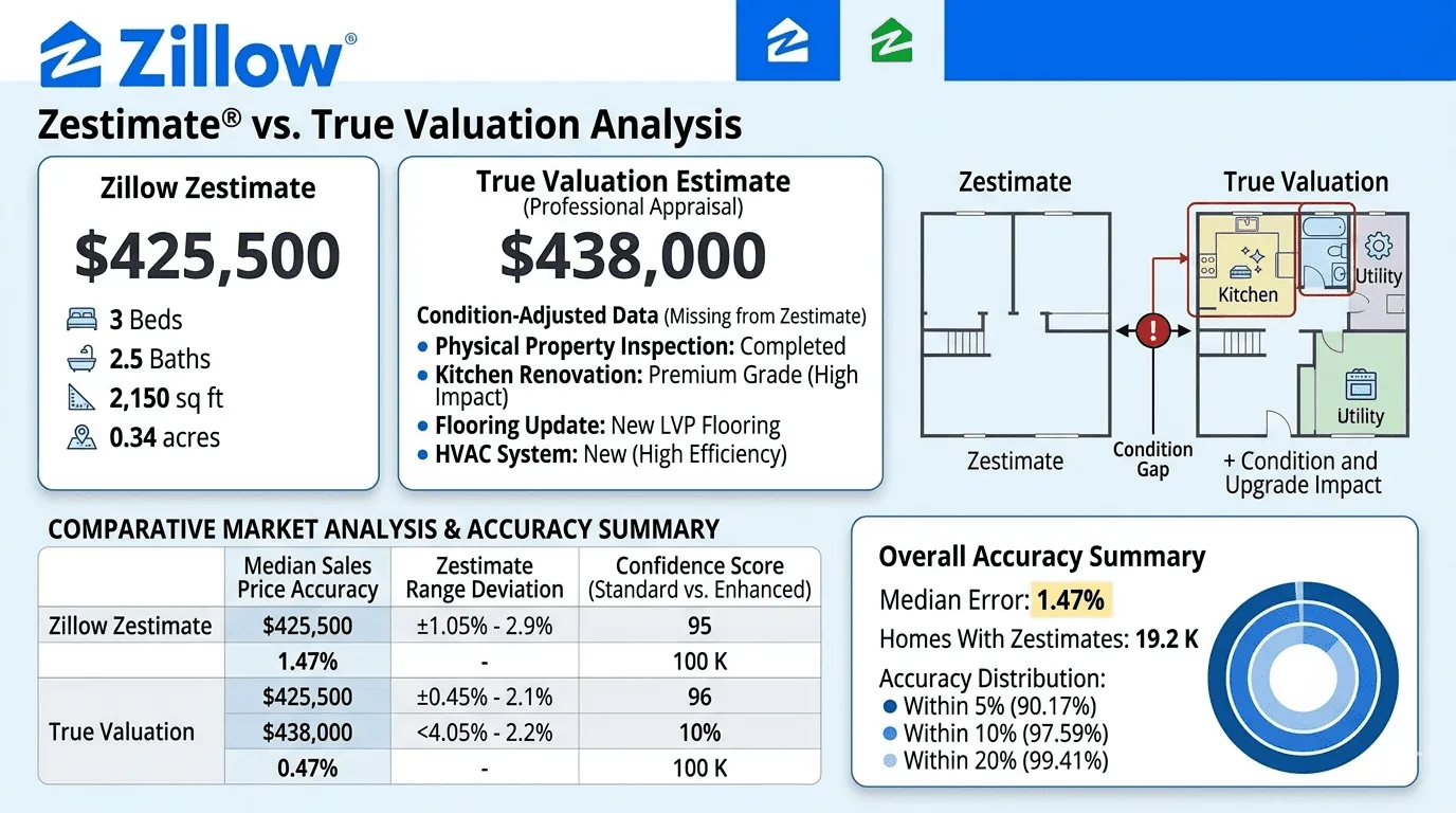 Example showing difference between Zillow Zestimate and true home value estimate