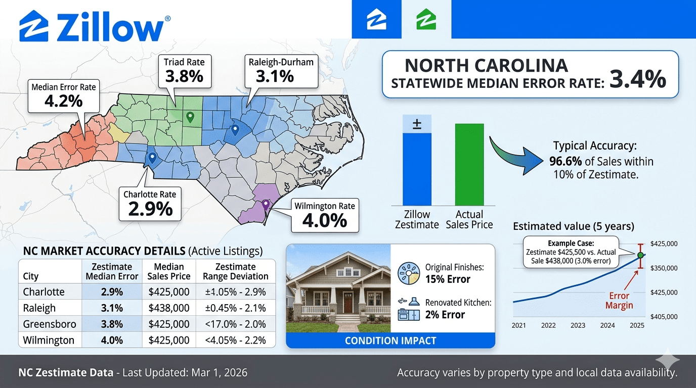 Zillow Zestimate error rates compared to actual home sales in North Carolina