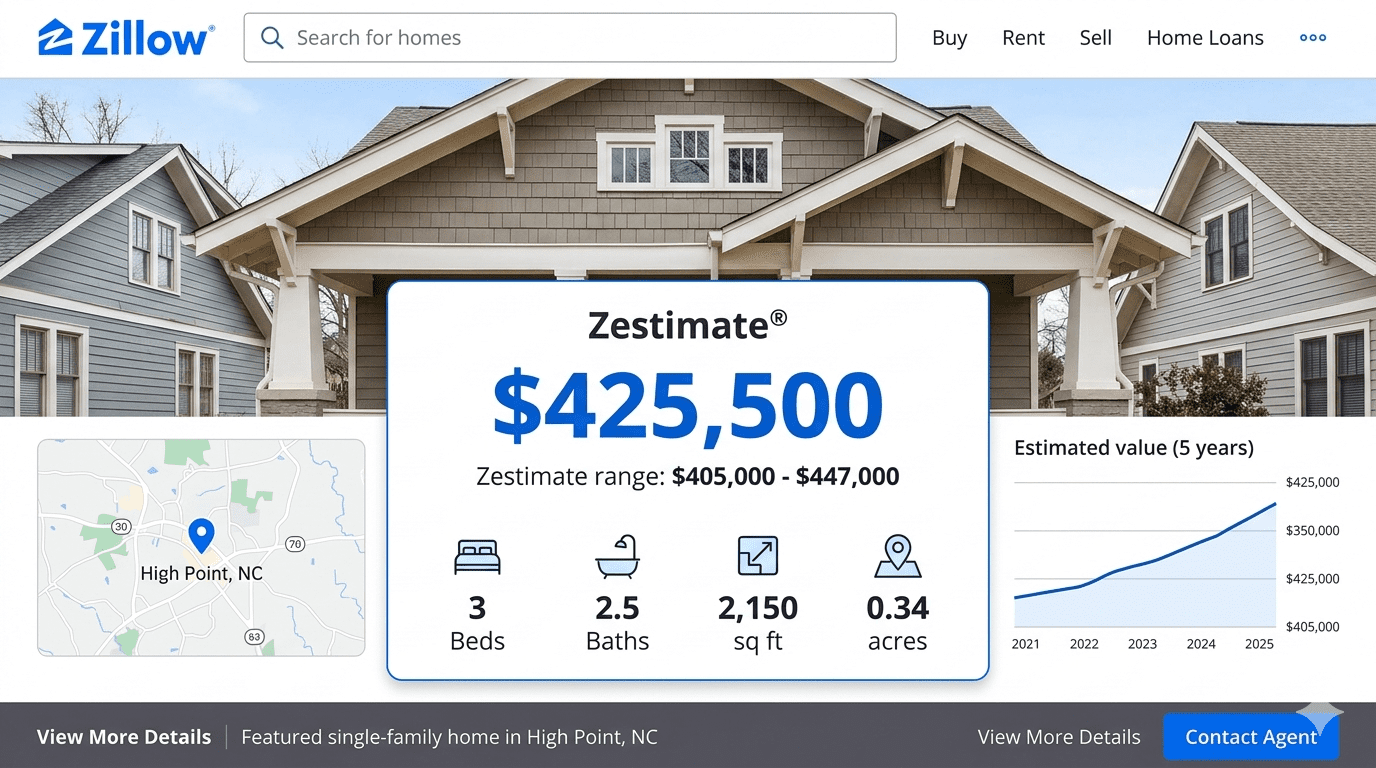 Zillow Zestimate shown for a home with estimated value and property details