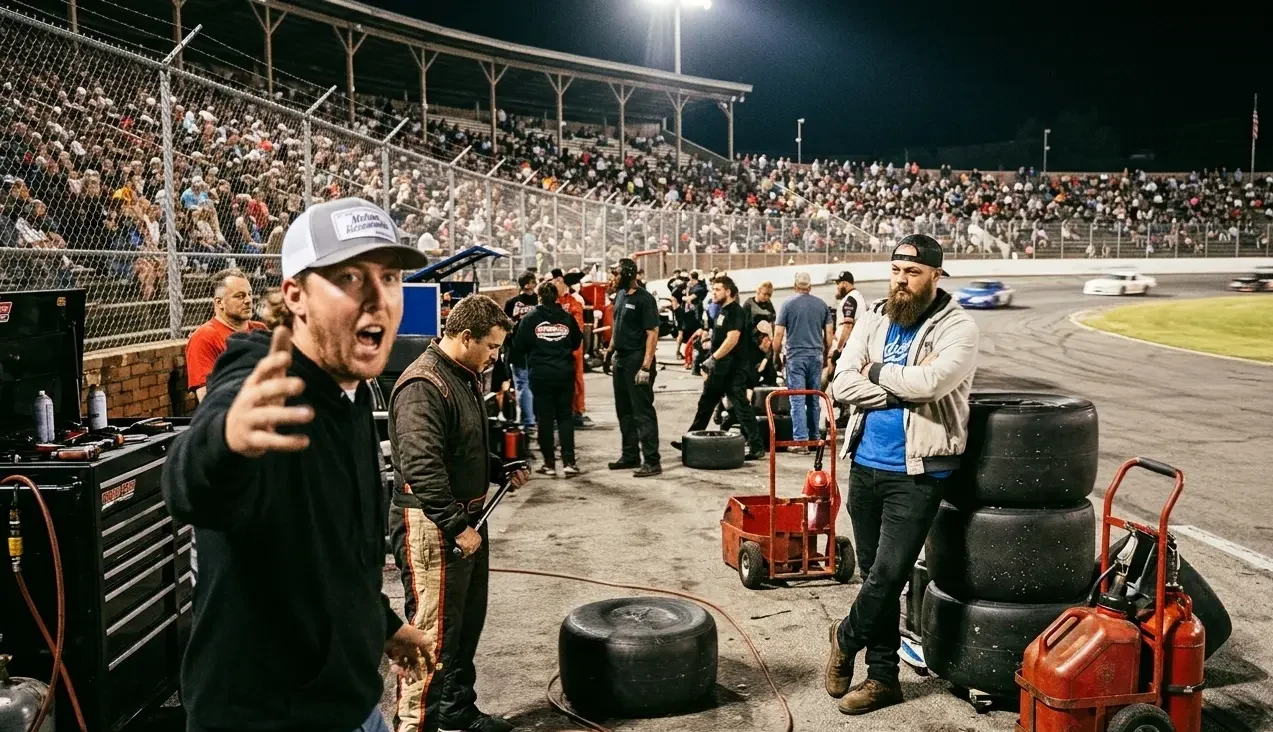 Cleetus McFarland WhistlinDiesel and Heavy D Sparks at Bowman Gray Stadium