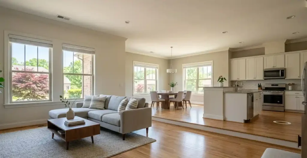 3D virtual tour walkthrough of a home interior showing open layout for remote buyers