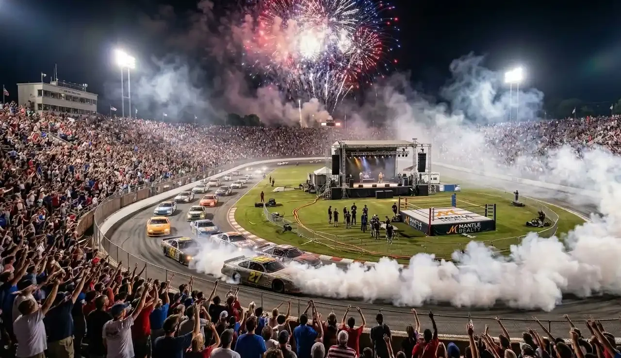 Fireworks over Bowman Gray Stadium during night race with crowd and stock cars