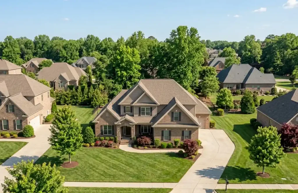 Aerial drone photo showing a home's lot size, layout, and surrounding neighborhood