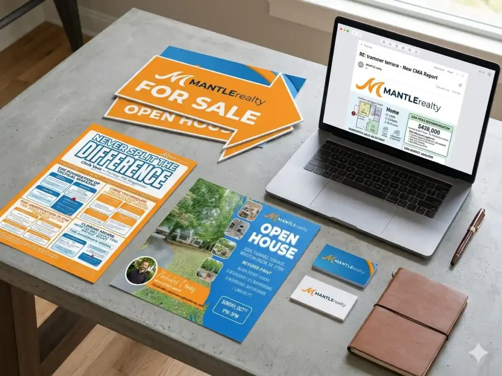 Custom listing flyer and social media graphics designed in-house by Mantle Realty