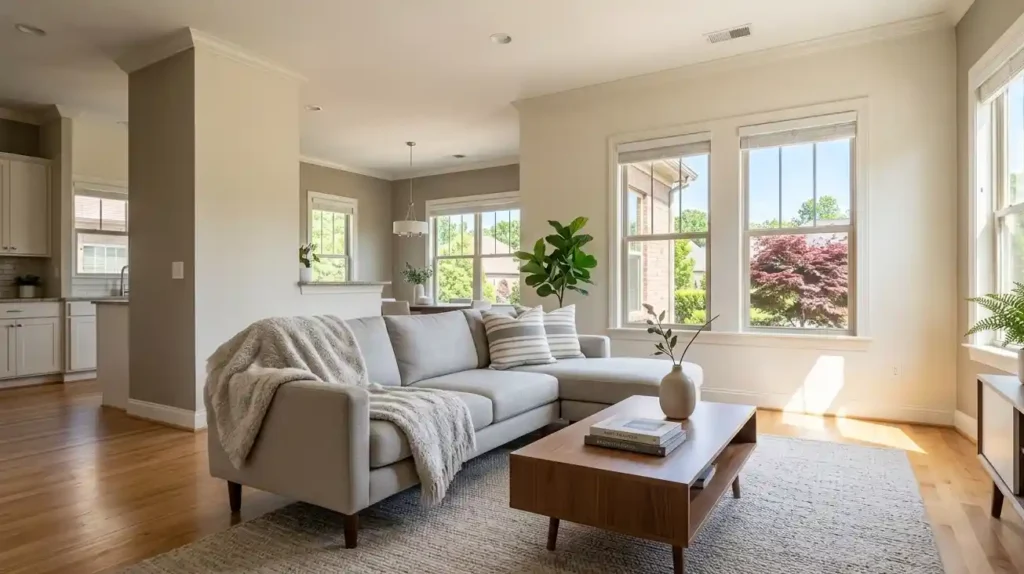 Professionally photographed living room staged to attract home buyers