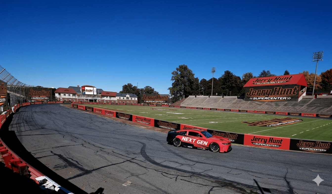 Jerry Hunt Supercenter branding covering Bowman Gray Stadium track walls and grandstands