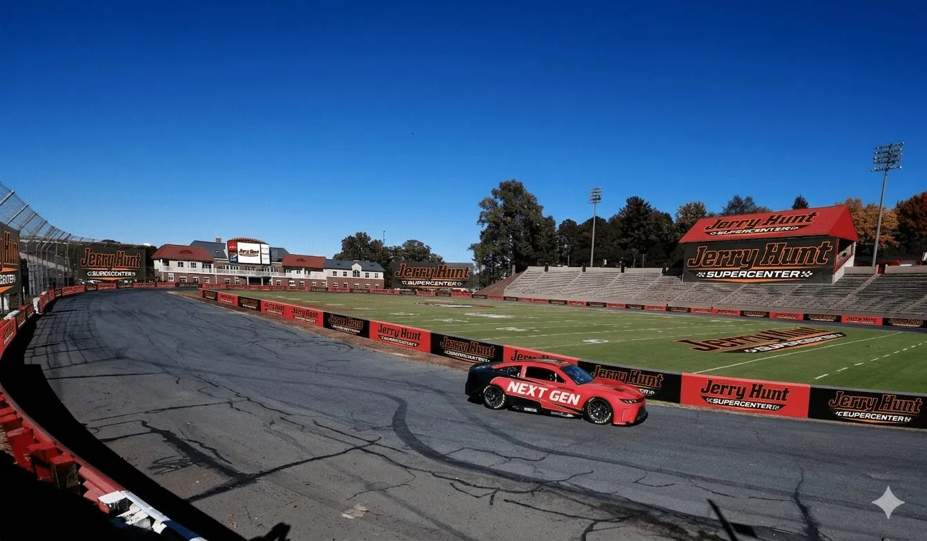 Jerry Hunt Supercenter branding covering Bowman Gray Stadium track walls and grandstands
