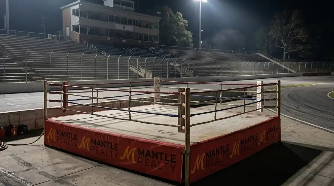 Boxing ring set up on the infield of Bowman Gray Stadium during race event