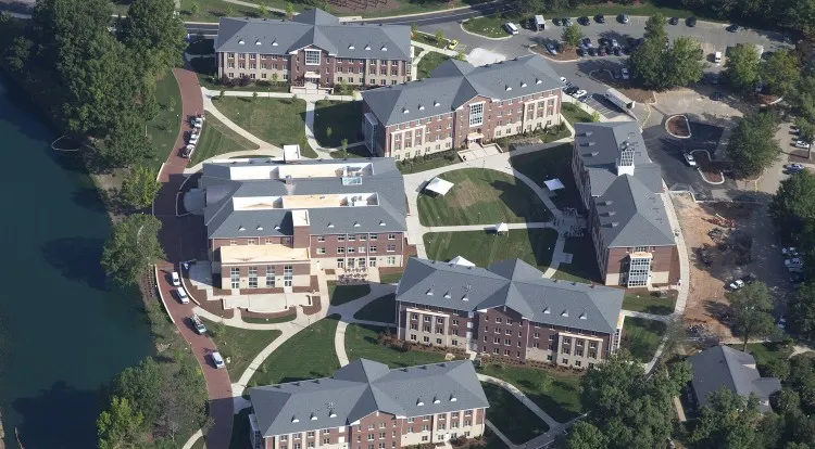 Aerial view of Elon North Carolina with neighborhoods and campus nearby
