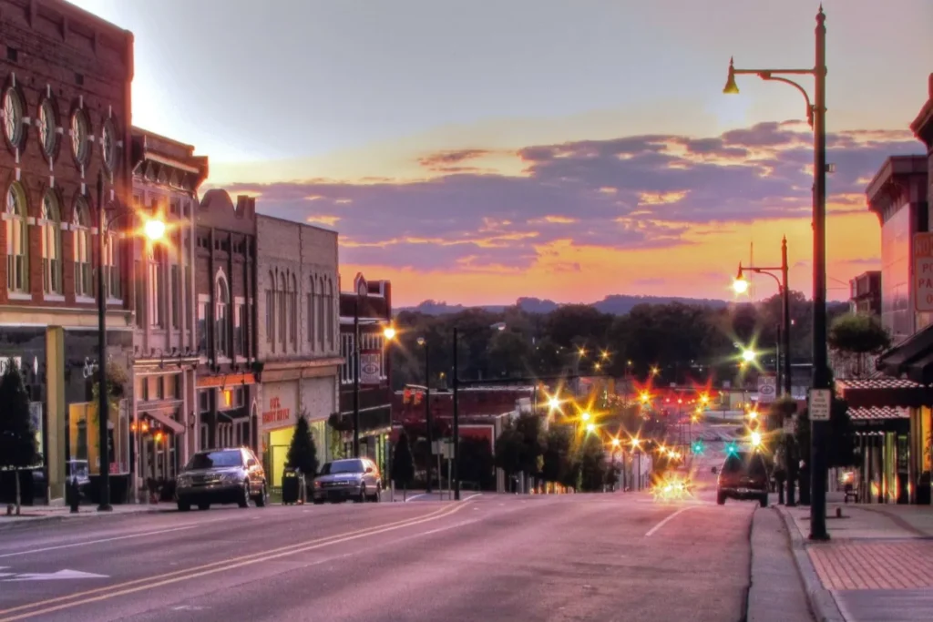 Downtown Albemarle at sunset in Stanly County North Carolina