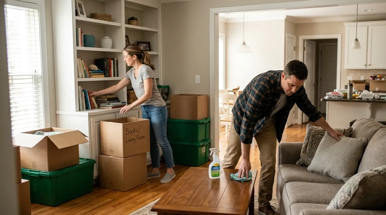 Homeowners preparing their house for sale by cleaning and organizing in the Triad NC