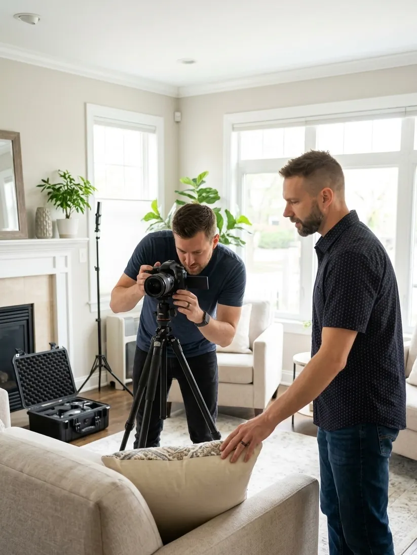 Real estate photographer taking listing photos while agent prepares home for market in the Triad NC
