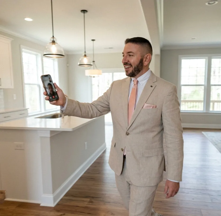Real estate agent giving a virtual home tour on FaceTime for an out-of-town buyer in the North Carolina Triad