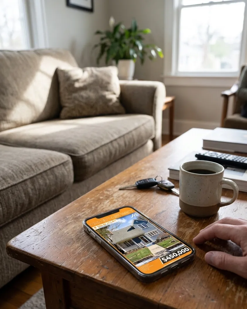Under contract real estate listing viewed on mobile showing polished property presentation