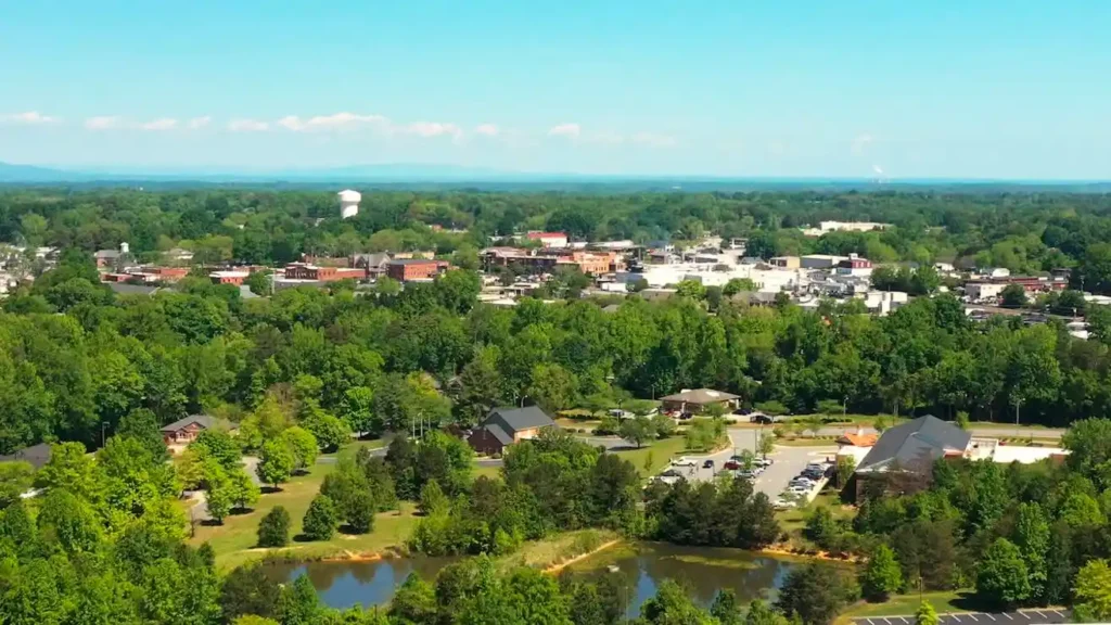 Aerial view of Kernersville North Carolina with neighborhoods and town layout