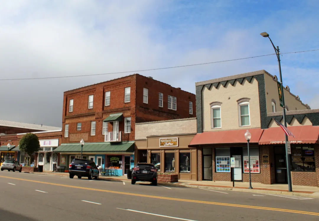 Downtown Mocksville North Carolina streetscape with historic buildings