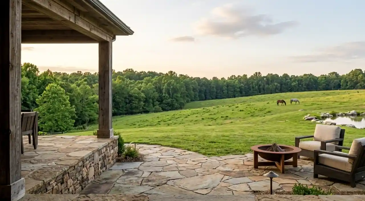 Outdoor living space overlooking acreage — luxury rural home in the NC Piedmont