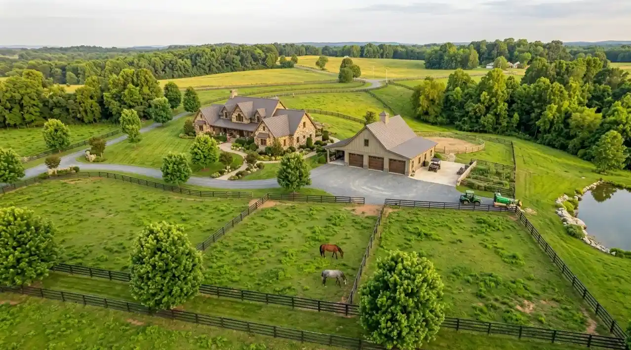 Equestrian barn and fenced pasture — luxury acreage property in the North Carolina Triad