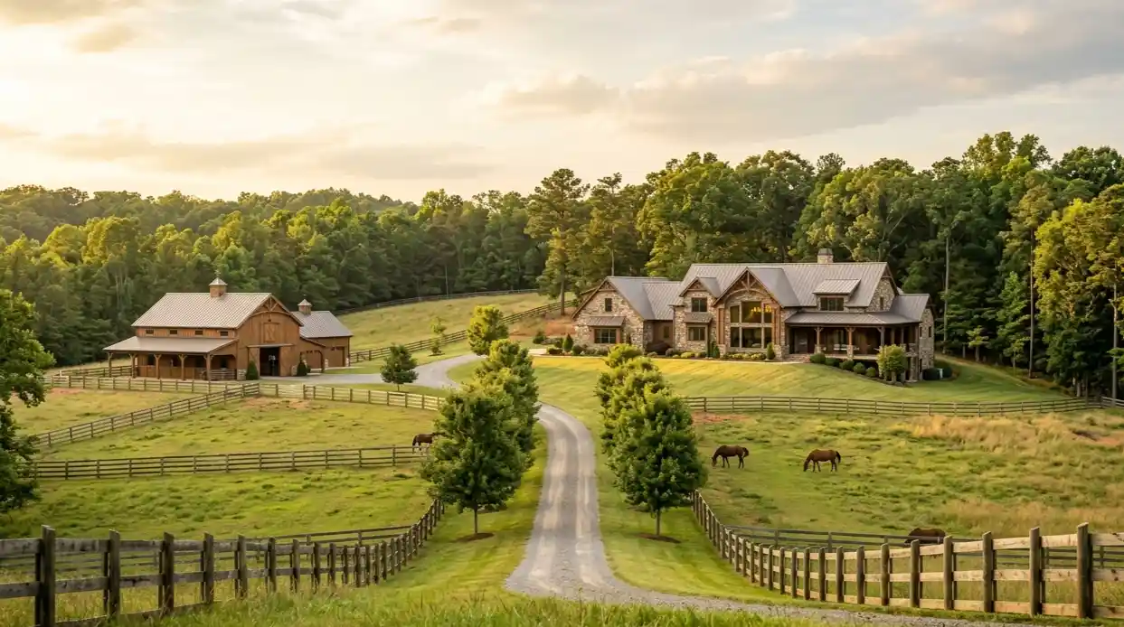 North Carolina acreage property with barn and pasture — equestrian luxury homes