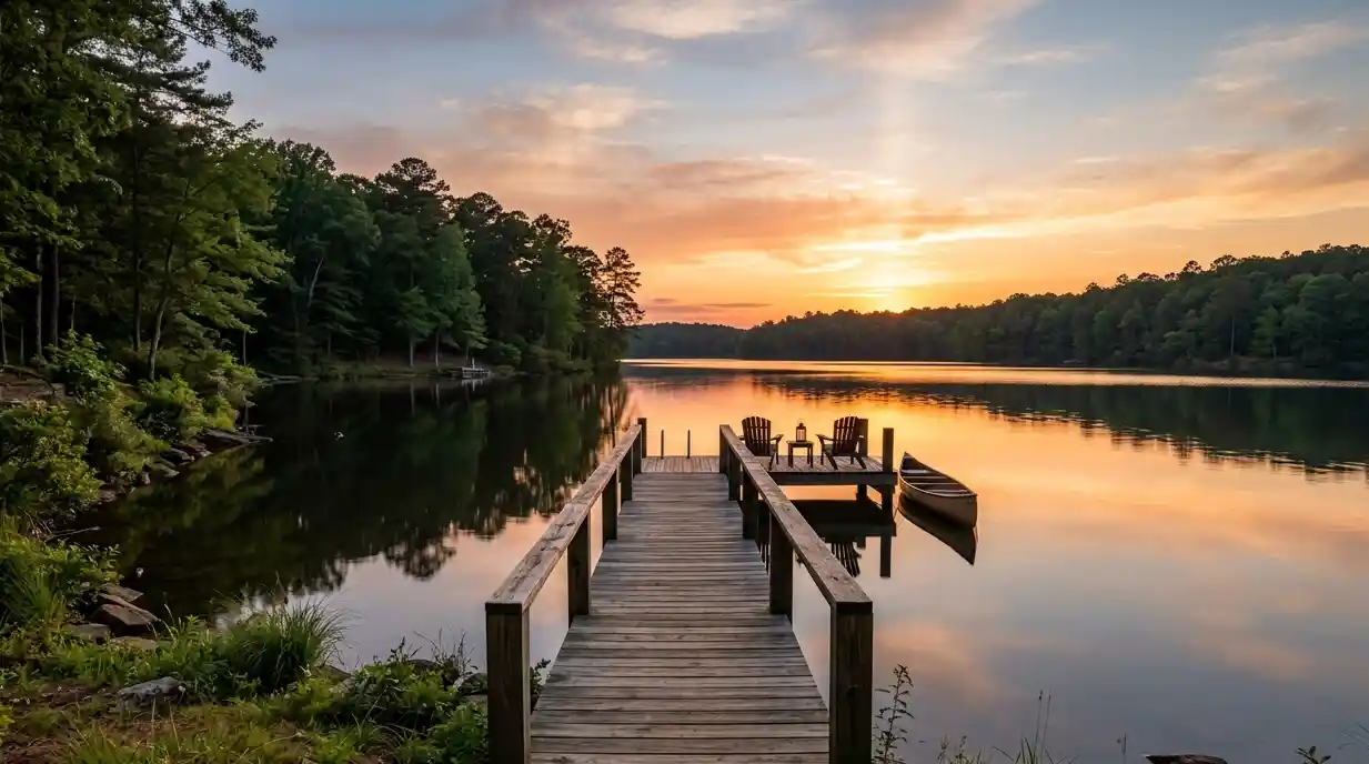 Private dock at sunset on a North Carolina lake — the daily reality of waterfront ownership
