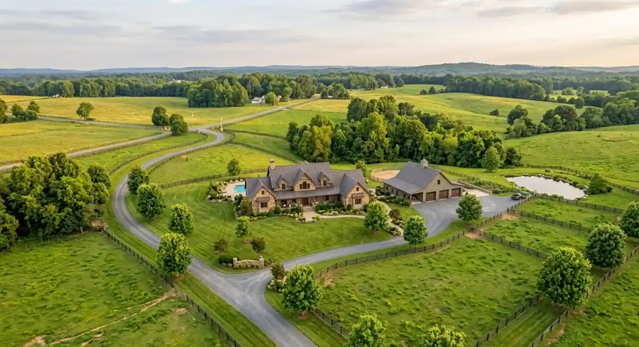 Aerial view of a North Carolina luxury home with acreage in the Piedmont