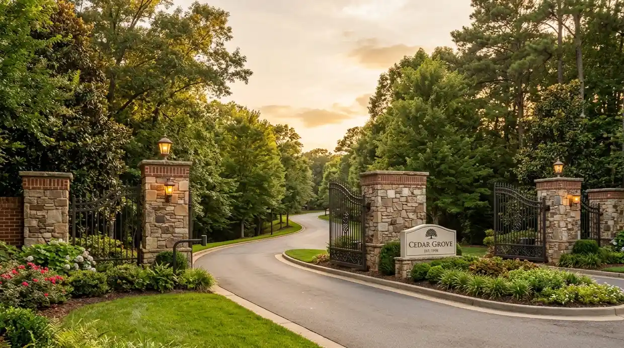 Gated community entrance in the Triad NC — luxury neighborhood living