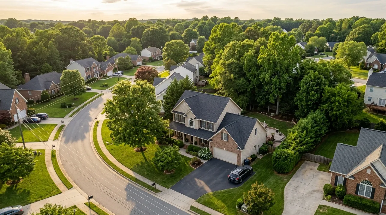 Aerial drone view of a home and neighborhood in High Point NC showing property layout and surroundings