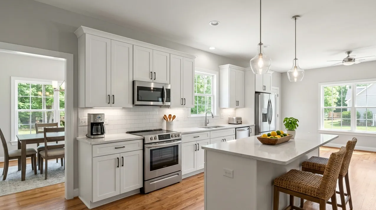Bright professionally photographed kitchen in a Triad NC home with clean countertops and natural light