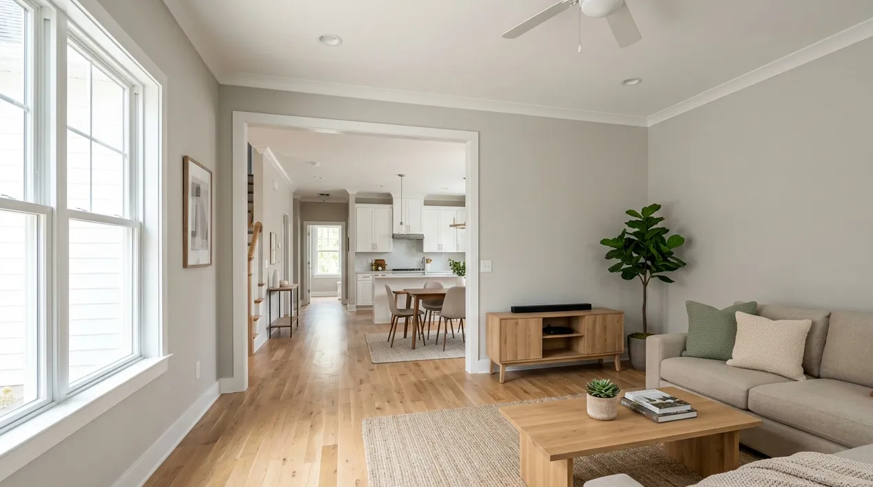 Professionally photographed living room in a Triad NC home showing layout and flow into adjacent spaces