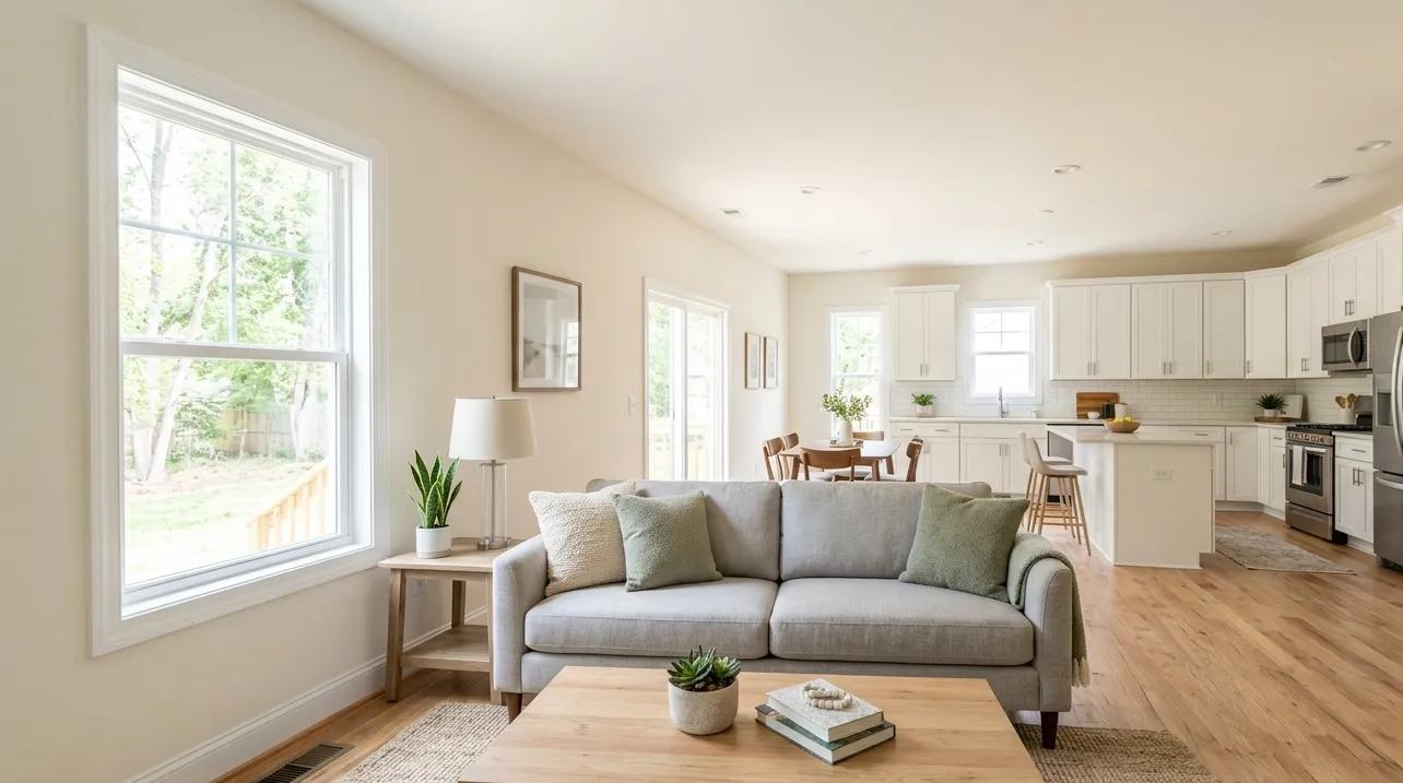 Bright professionally photographed living room in a Triad NC home with natural light and clean staging