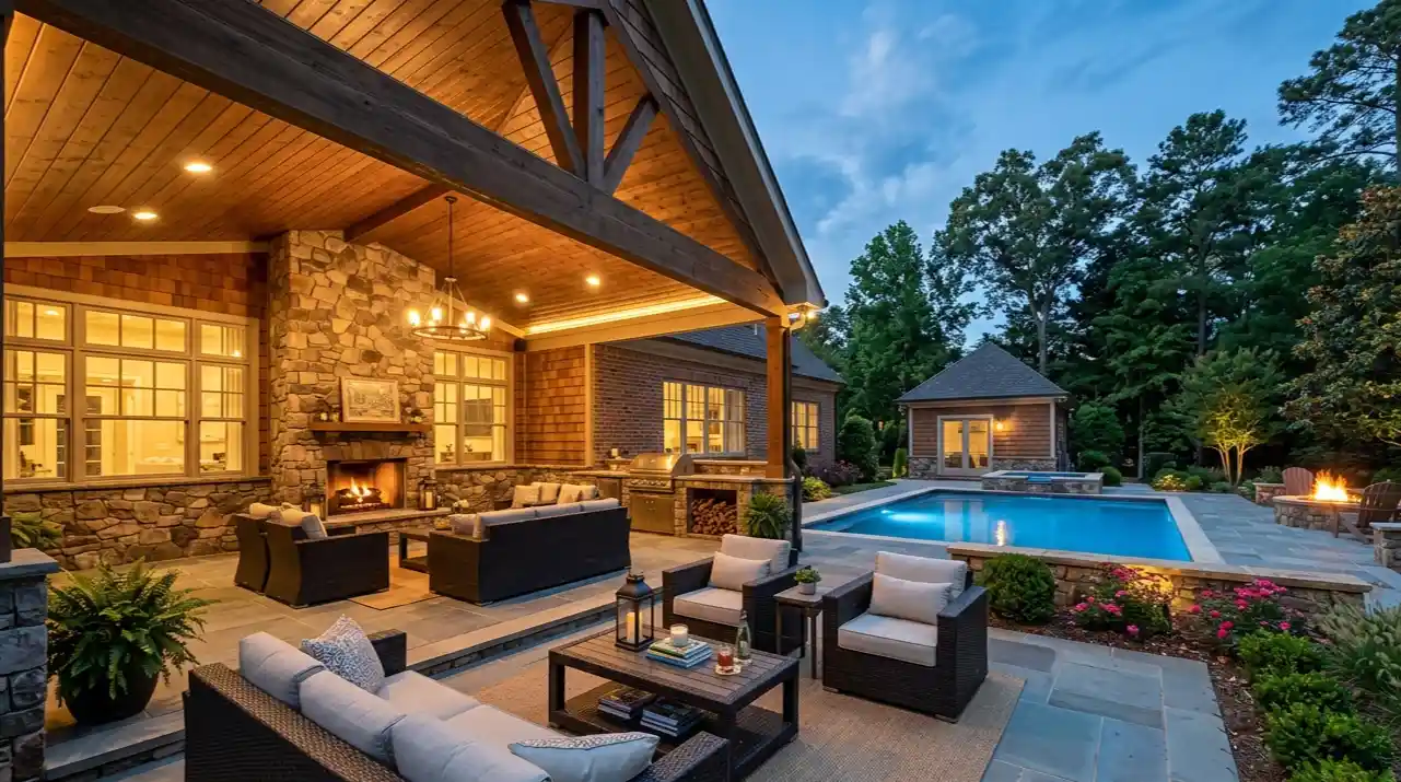 Luxury outdoor living space at dusk — waterfront lifestyle in the North Carolina Triad