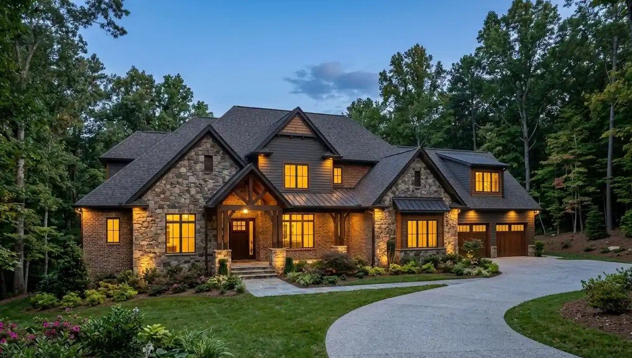 Luxury home twilight exterior in the Triad NC — high-end listing presentation
