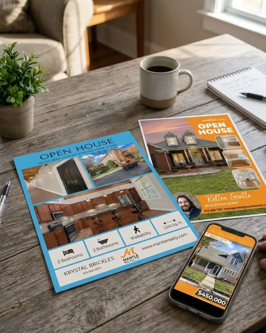 Mantle Realty branded real estate marketing materials for home listings in the Triad