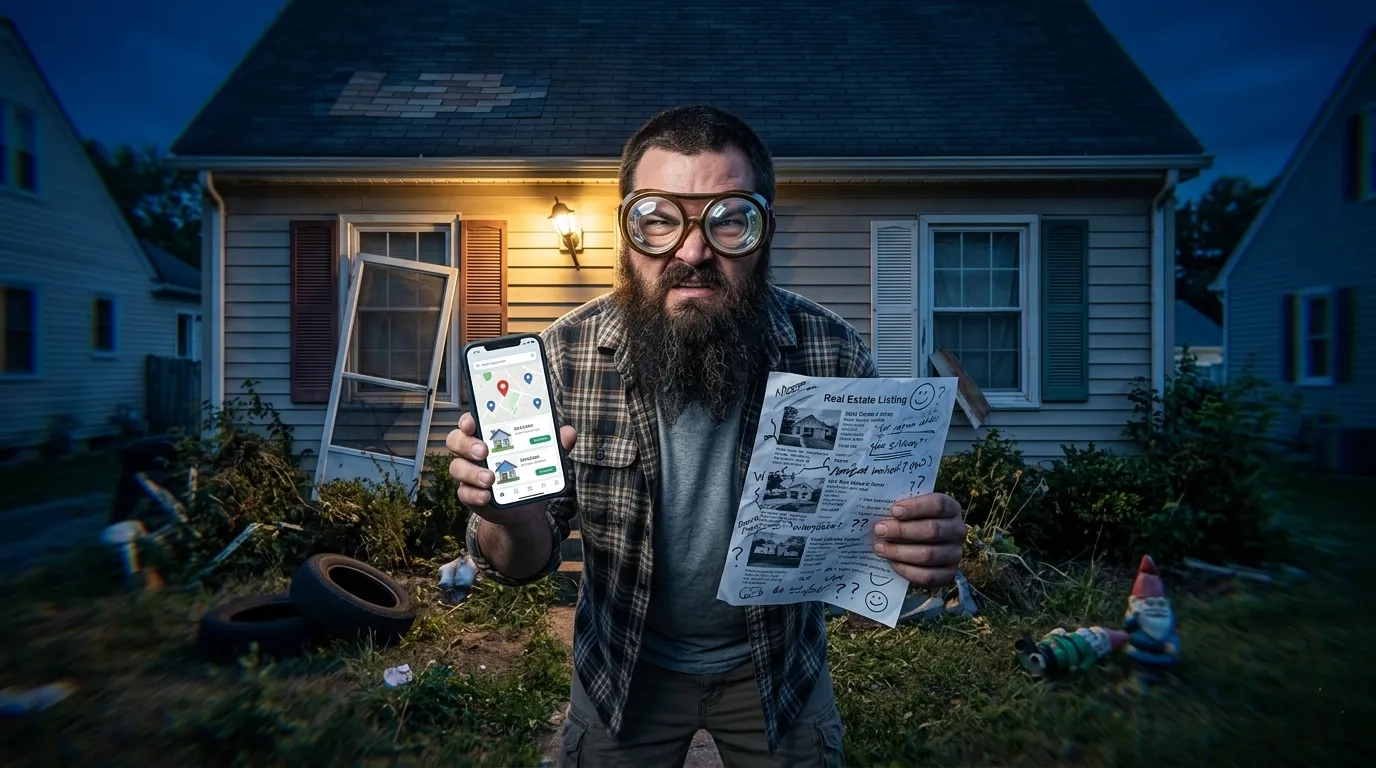 Funny beer goggles house hunter standing in front of a questionable house