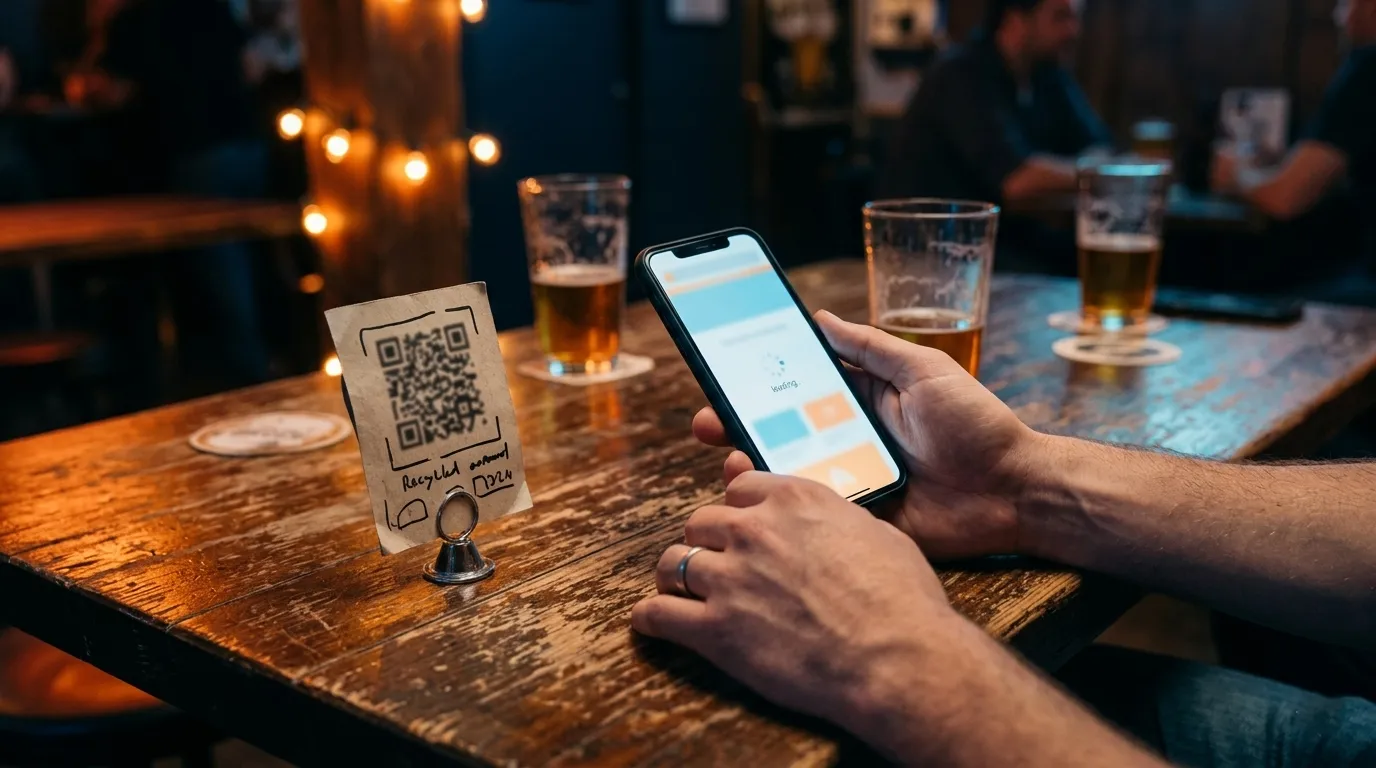 Phone scanning a QR code on a tavern table