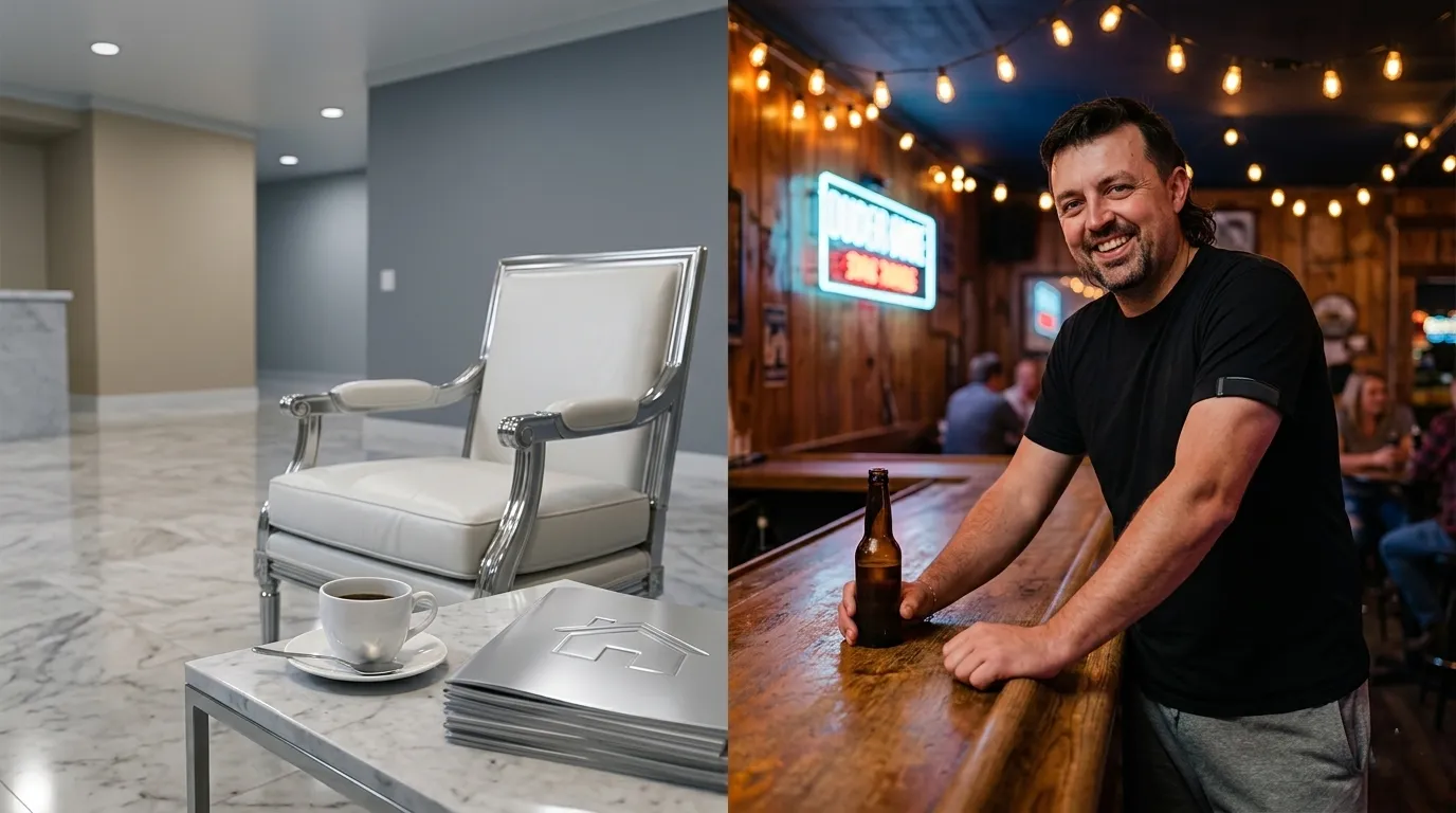 Funny contrast between polished luxury real estate and local dive bar community