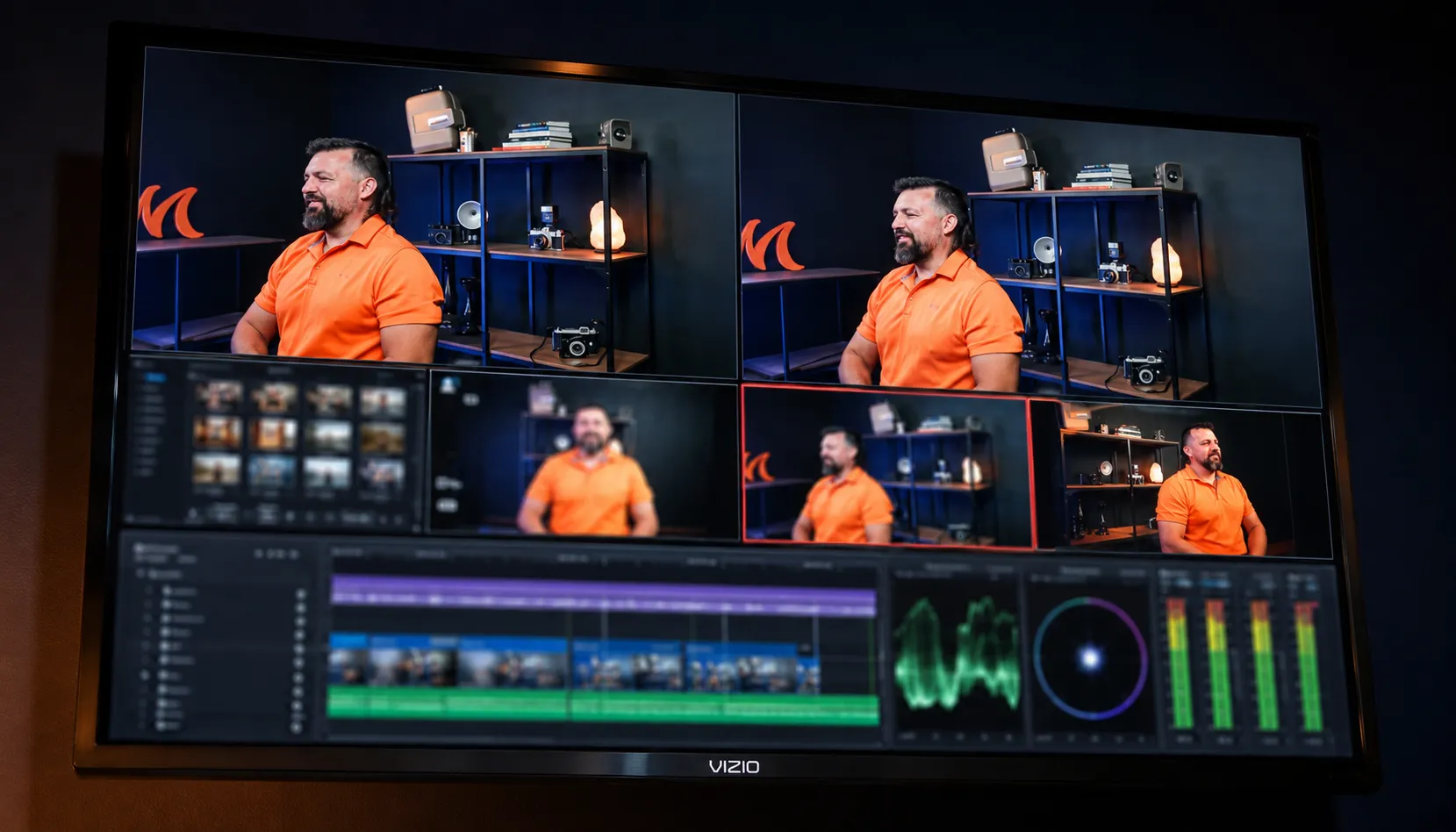 Mantle Realty video studio with cameras, lights, monitors, and teleprompter setup