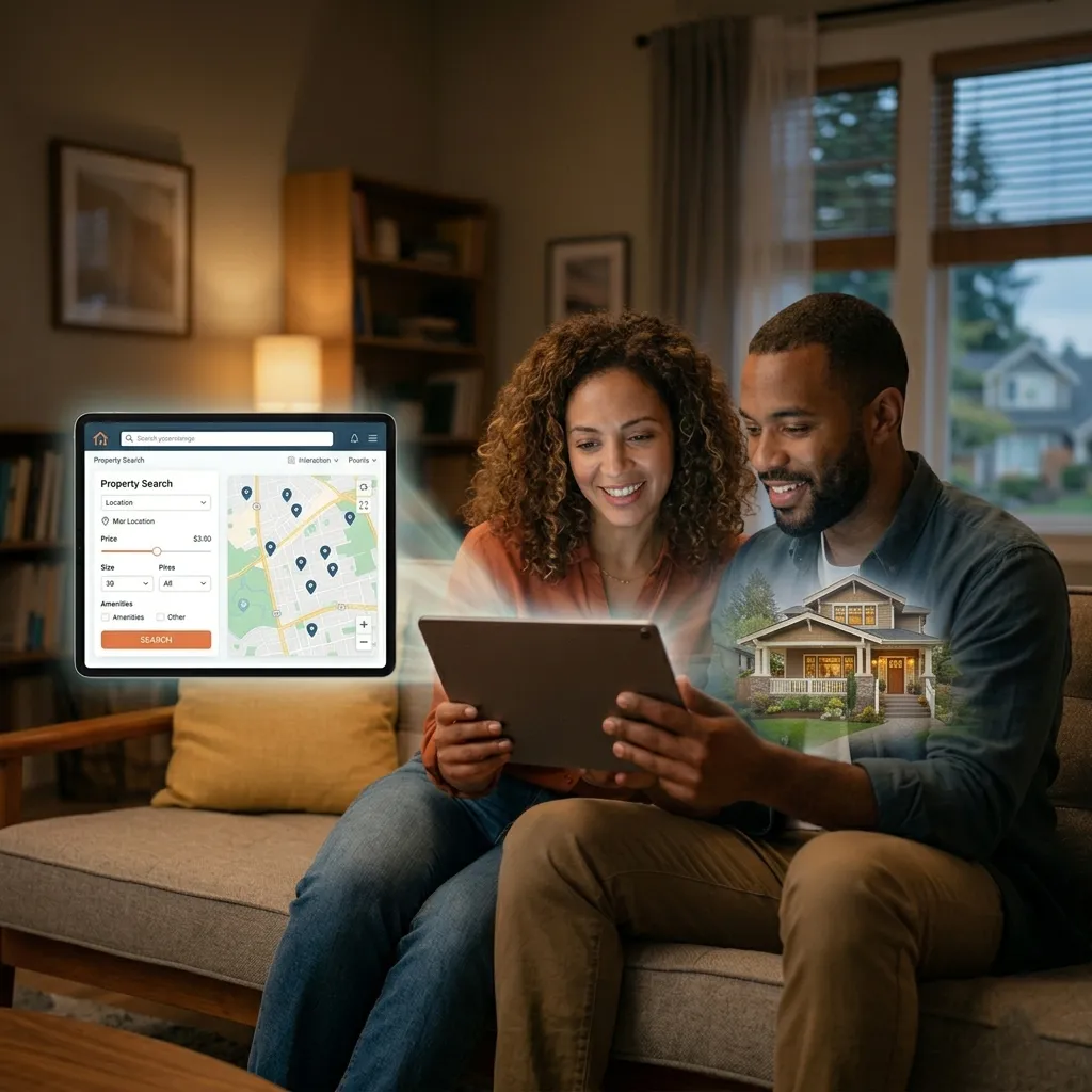 A smiling couple sitting on a cozy living room sofa, looking at a digital tablet. A glowing holographic interface showing a property search map and a beautiful 3D model of a modern suburban home are projected from the screen, symbolizing the journey of finding a dream home online.