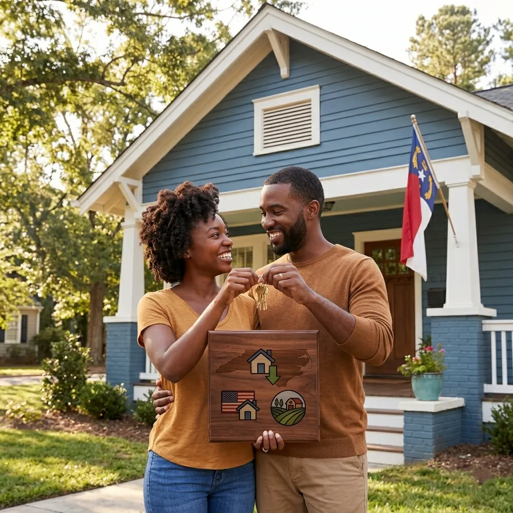 A happy couple holding keys in front of a charming blue suburban home in the North Carolina Triad. They are holding a wooden plaque featuring icons for FHA, VA, and USDA loans, symbolizing the successful use of government home loan programs to buy a house.